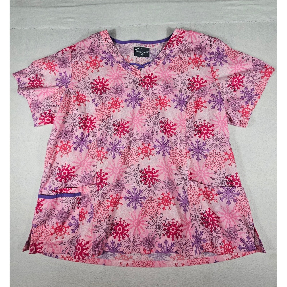 Butter-Soft Pink Snowflake Print V-Neck Scrub Top‎ Womens 2X H626 Purple Trim